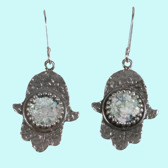 Israeli jewelry sterling silver roman glass hamsa Earrings - Bluenoemi