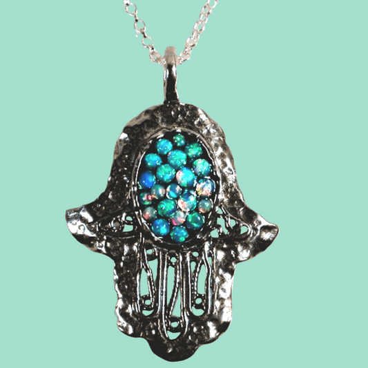 Israeli jewelry Blue Opals sterling silver hamsa necklace - Bluenoemi