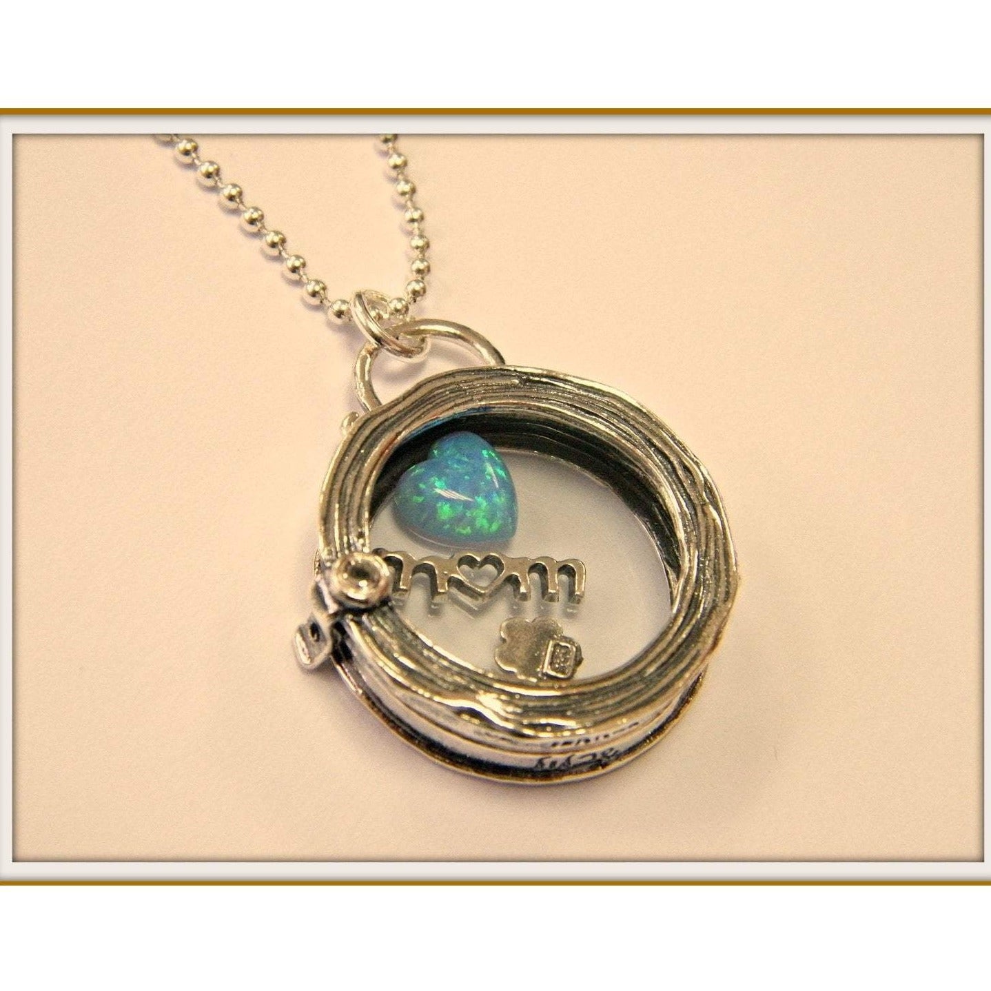 Sterling Silver necklace Mom charms Blue Opal heart gift for Mom Locket Necklace - Bluenoemi