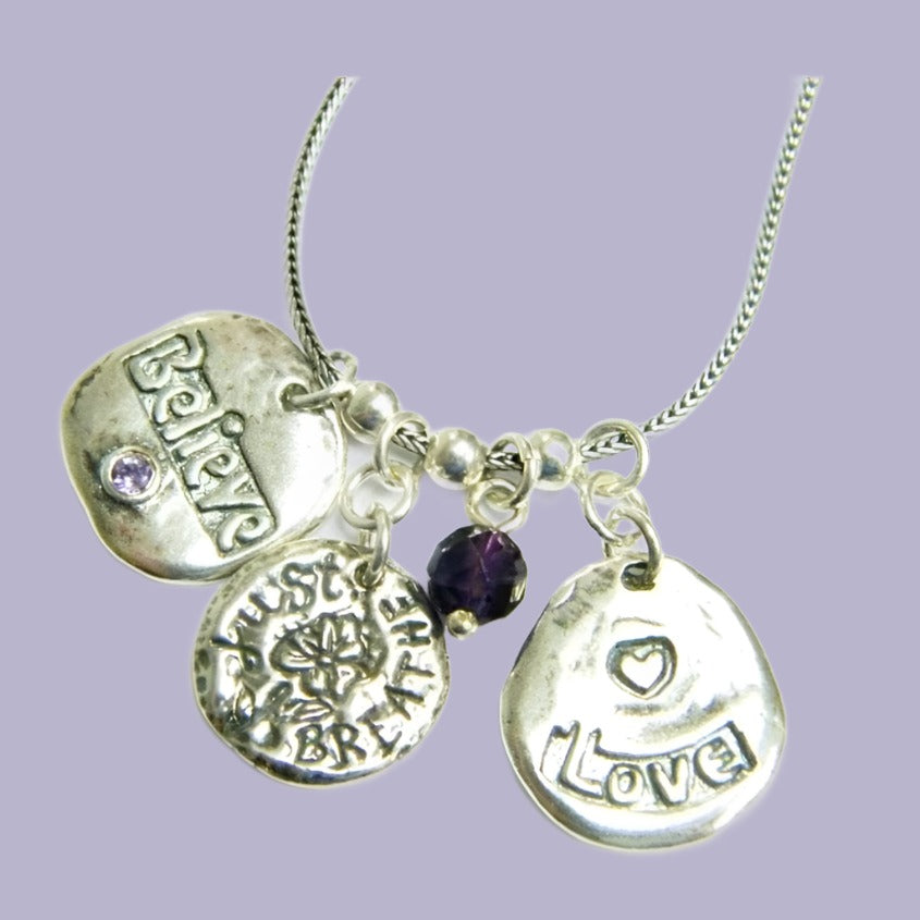 Sterling Silver necklace, believe just breath love necklace, amethyst zircon - Bluenoemi