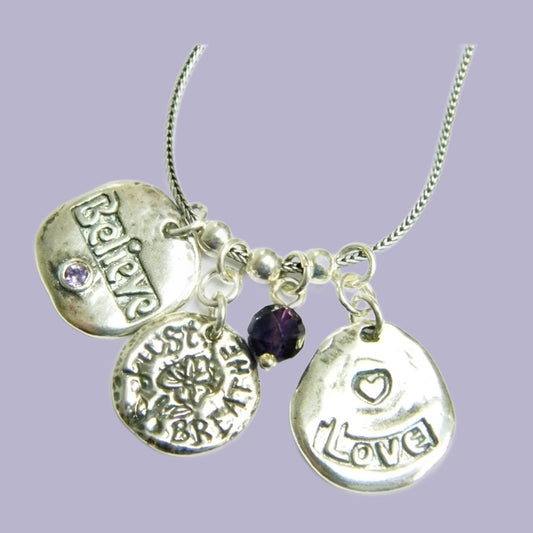 Sterling Silver necklace, believe just breath love necklace, amethyst zircon - Bluenoemi