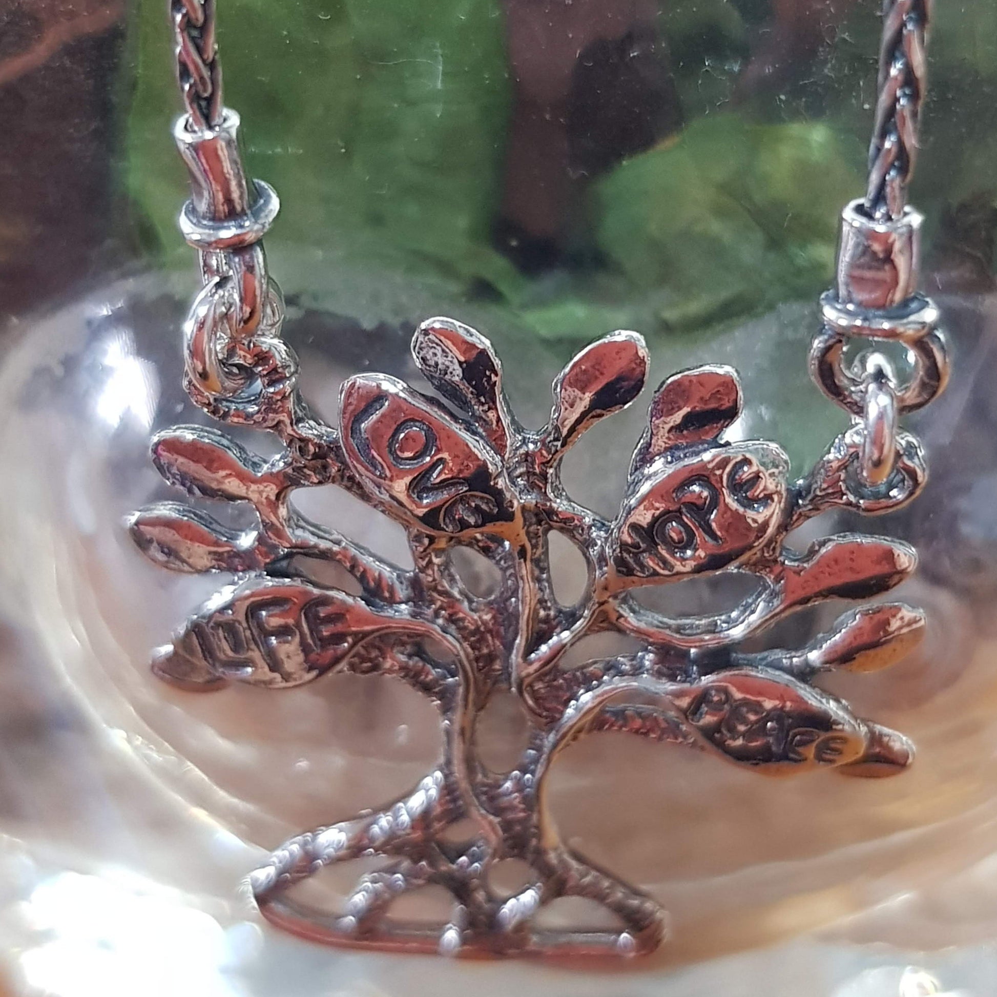 Tree of life Sterling Silver necklace for woman. Message pendant: love life hope peace - Bluenoemi