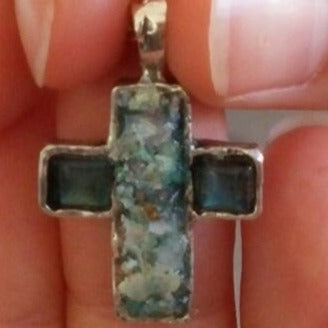 Sterling Silver Cross Pendant for Woman. Holy Land Roman glass, silver and Gemstones - Bluenoemi