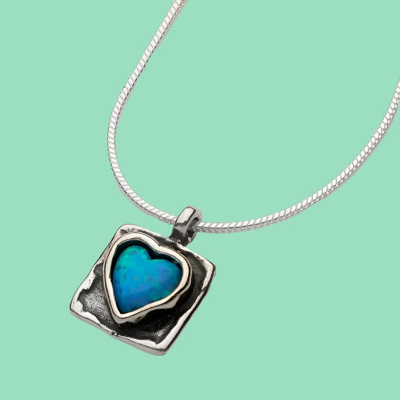 Sterling Silver heart necklace for woman / blue opal silver necklace / romantic necklace - Bluenoemi