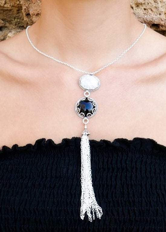 Sterling Silver long statement necklace sterling silver tassel chains hanging from a lab created howlite and onyx stones - Bluenoemi