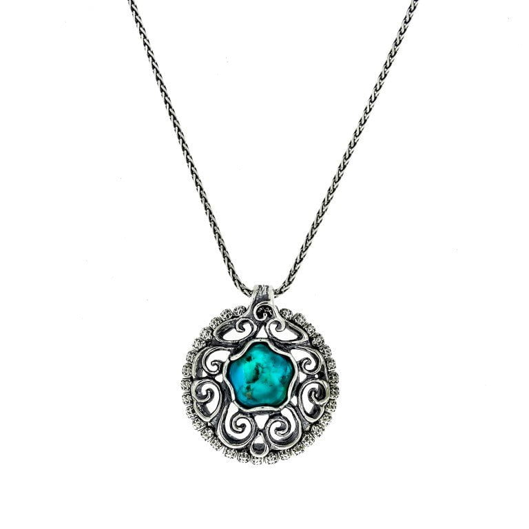 Sterling Silver Necklace for woman set with Turquoise / Gemstones Israeli Necklace for woman. - Bluenoemi