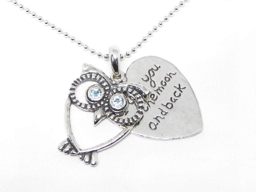 Sterling Silver necklace with an owl "love you to the moon and back" women's necklace Israeli jewelry blue topaz - Bluenoemi