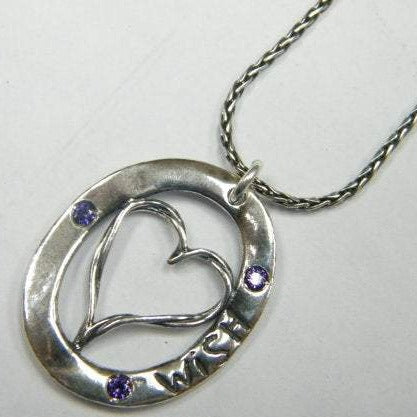 Sterling Silver necklace with CZ zircons Heart engraved "wish" love jewelry - Bluenoemi