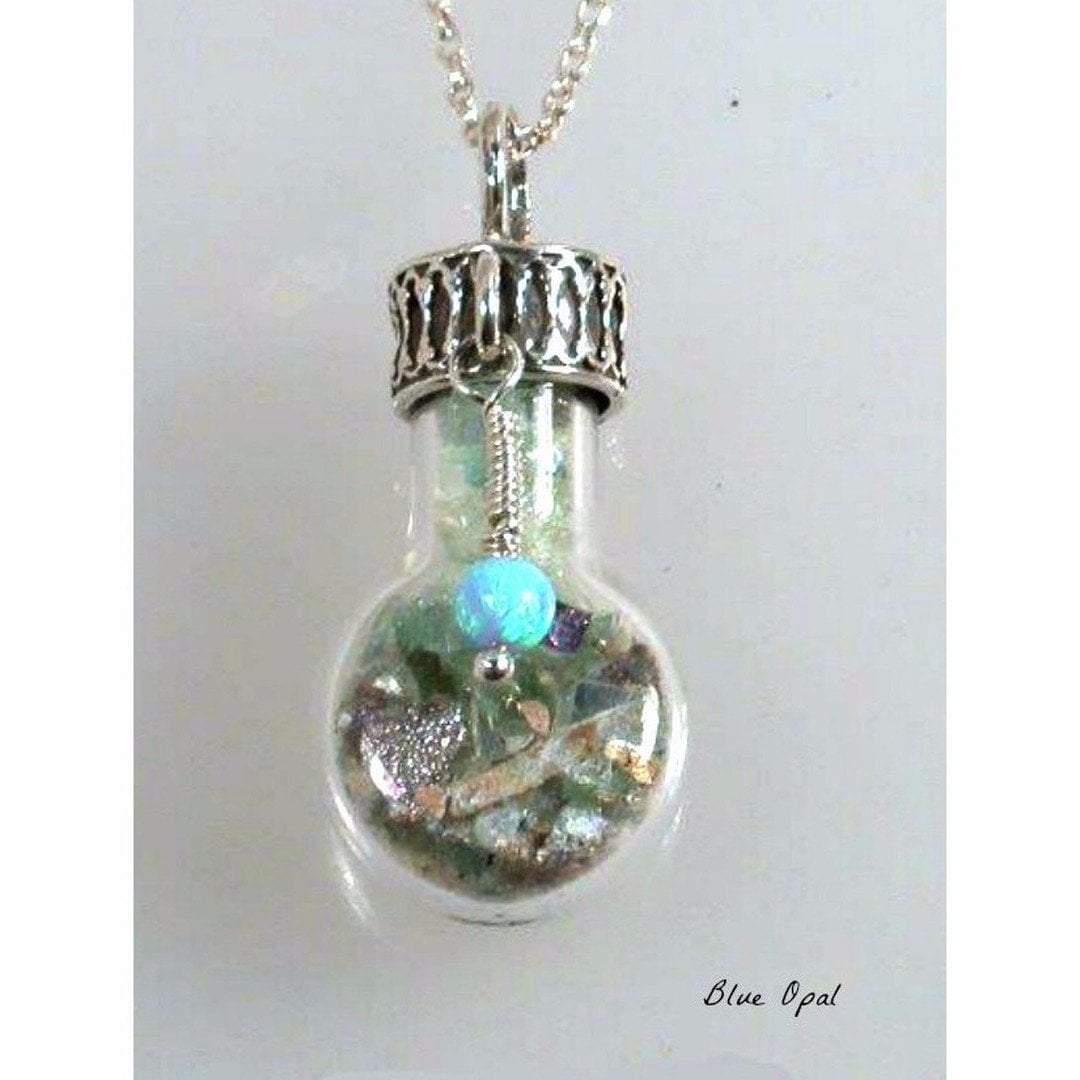 Sterling Silver Roman Glass in a Bottle Necklace with Charms - Bluenoemi