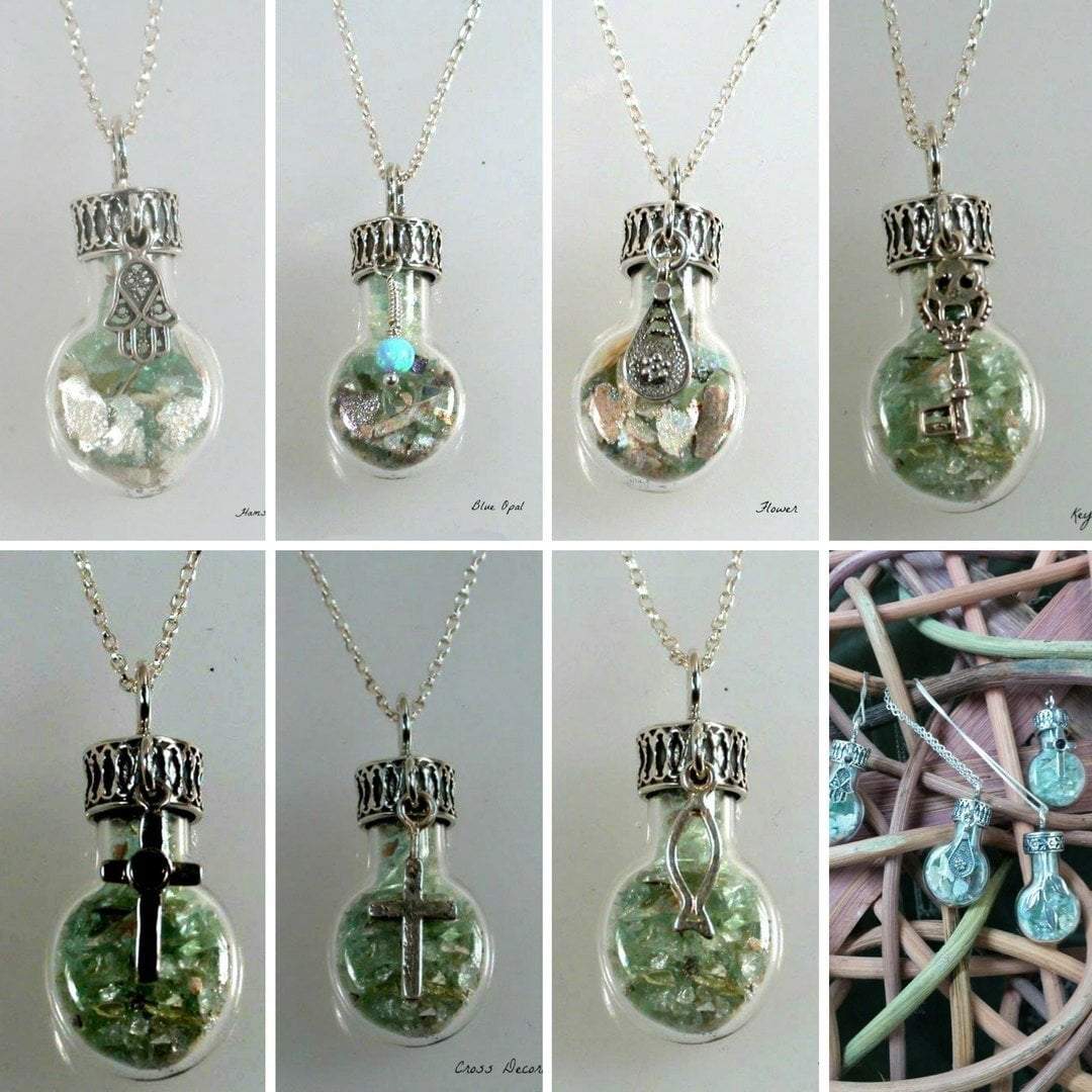 Sterling Silver Roman Glass in a Bottle Necklace with Charms - Bluenoemi