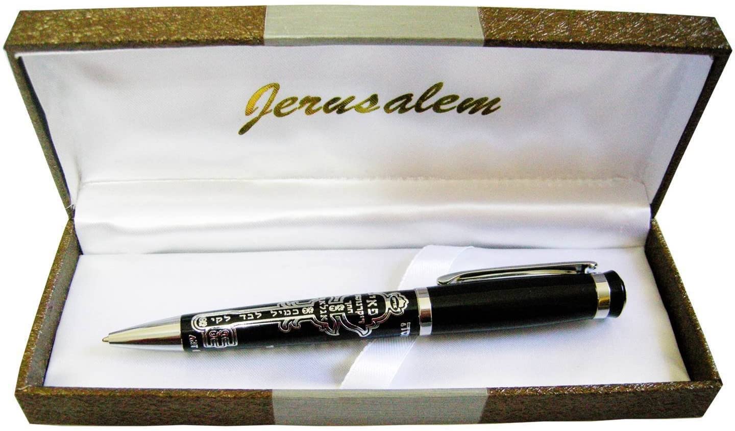 Ballpoint Pen Silver "Livelihood Amulet" & "Livelihood Key" Design Hebrew Judaica Gift - Bluenoemi