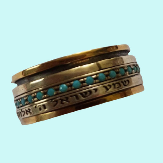 Bluenoemi Spinner ring for woman set with blue opals. A Silver & Gold wish and bless Love Ring. - Bluenoemi