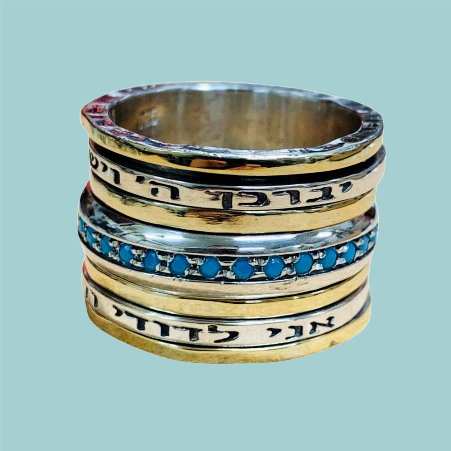 Spinner ring for woman . Hebrew Fidget Meditation ring. Love & wishes verses rings. Turquoises, opals, cz zircons - Bluenoemi