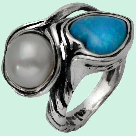 Sterling silver ring , sterling silver jewelry , ring for woman set with Opal and Pearl - Bluenoemi