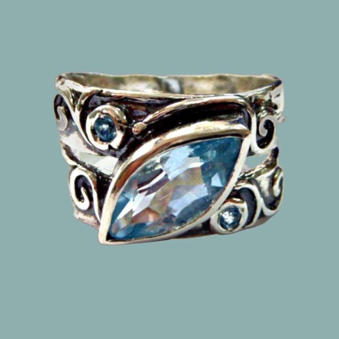 Jewelry made in Israel Blue Topaz Sterling Silver Ring for Woman, bohemian rings ring silber - Bluenoemi