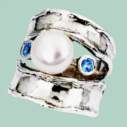 Bluenoemi - pearl ring for women Sterling Silver Pearl Ring Blue Topaz - Bluenoemi