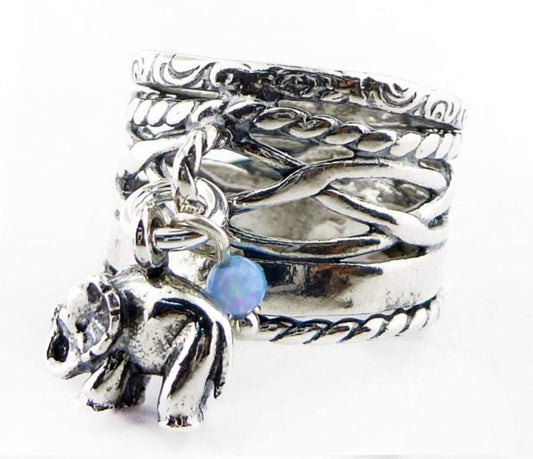 Elephant charm sterling silver ring for women, blue opal silver ring for woman, silber ringe für frauen - Bluenoemi