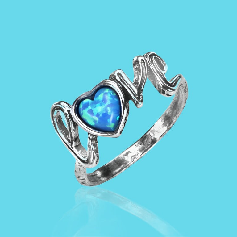 Heartfelt Elegance: Statement Silver Heart Opal Love Ring for Women - Bluenoemi