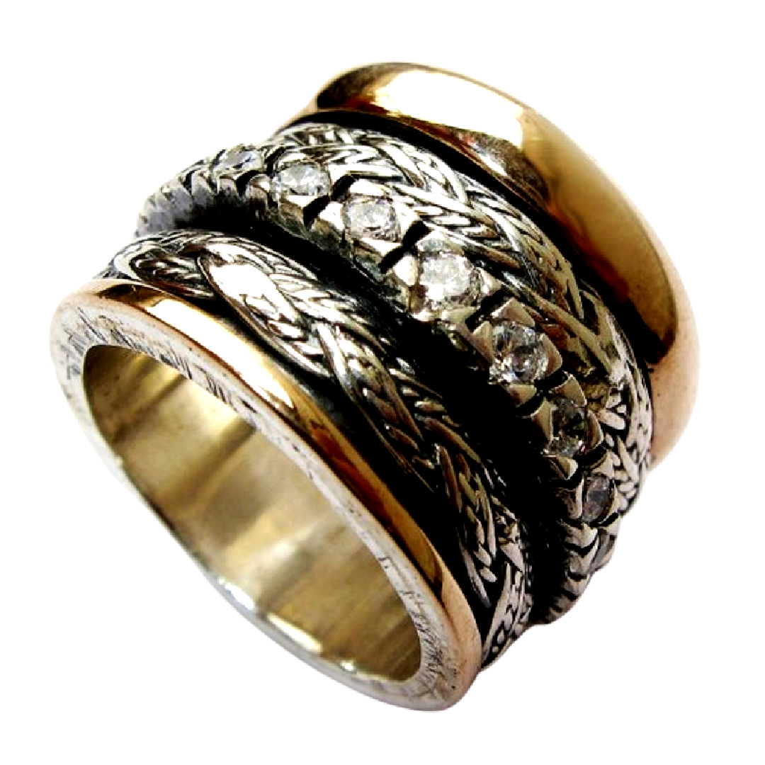 Meditation Spinner Celtic Ring for Woman Silver & Gold Engagement Ring with a CZ Zircons - Bluenoemi