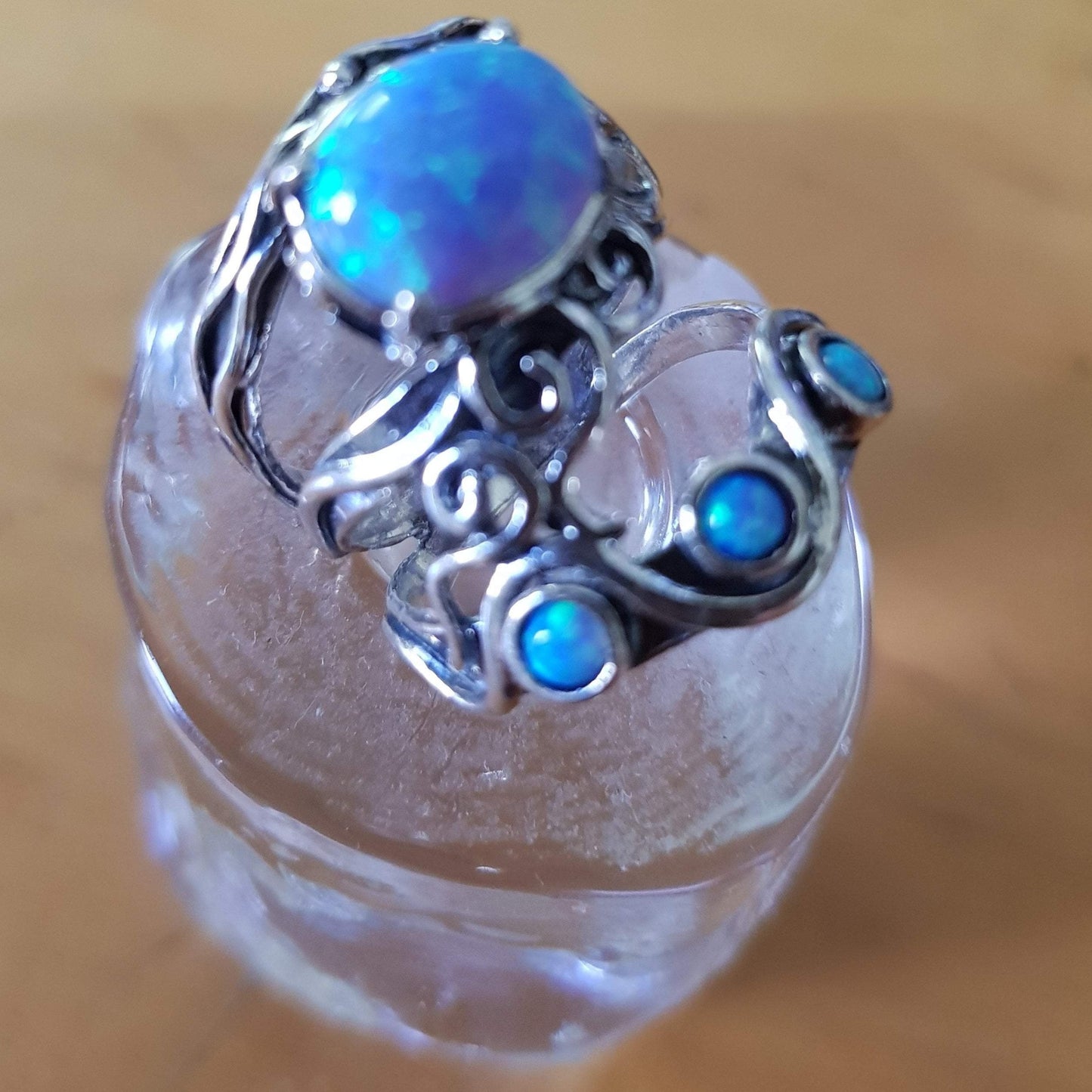 Silver ring set with opals, blue opal on silver ring, bohemian rings - Bluenoemi