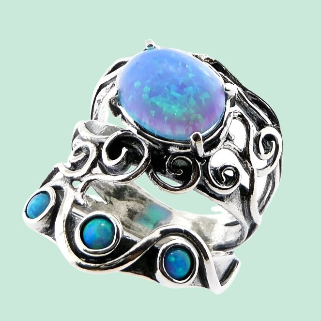 Silver ring set with opals, blue opal on silver ring, bohemian rings - Bluenoemi