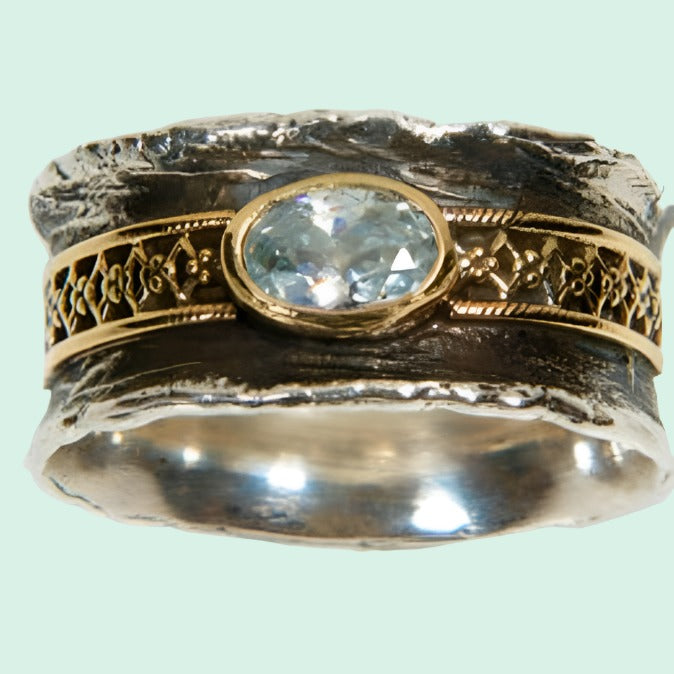 Statement sterling silver fashion ring, Spinner Ring silver and 9 ct gold set CZ / Garnet / Opal - Bluenoemi