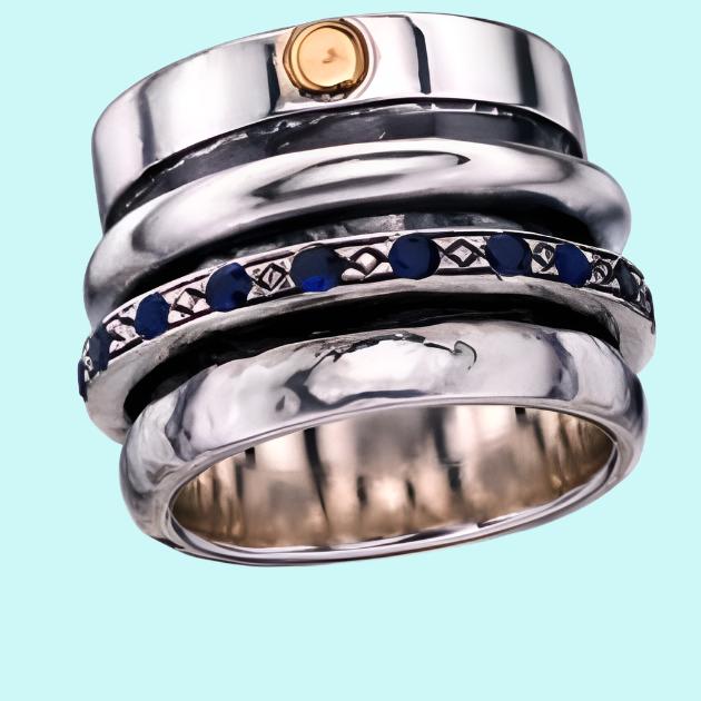 Spinner Ring for Man silver gold 9ct with Saphires /Sterling Silver .925 Designer Jewelry - Bluenoemi