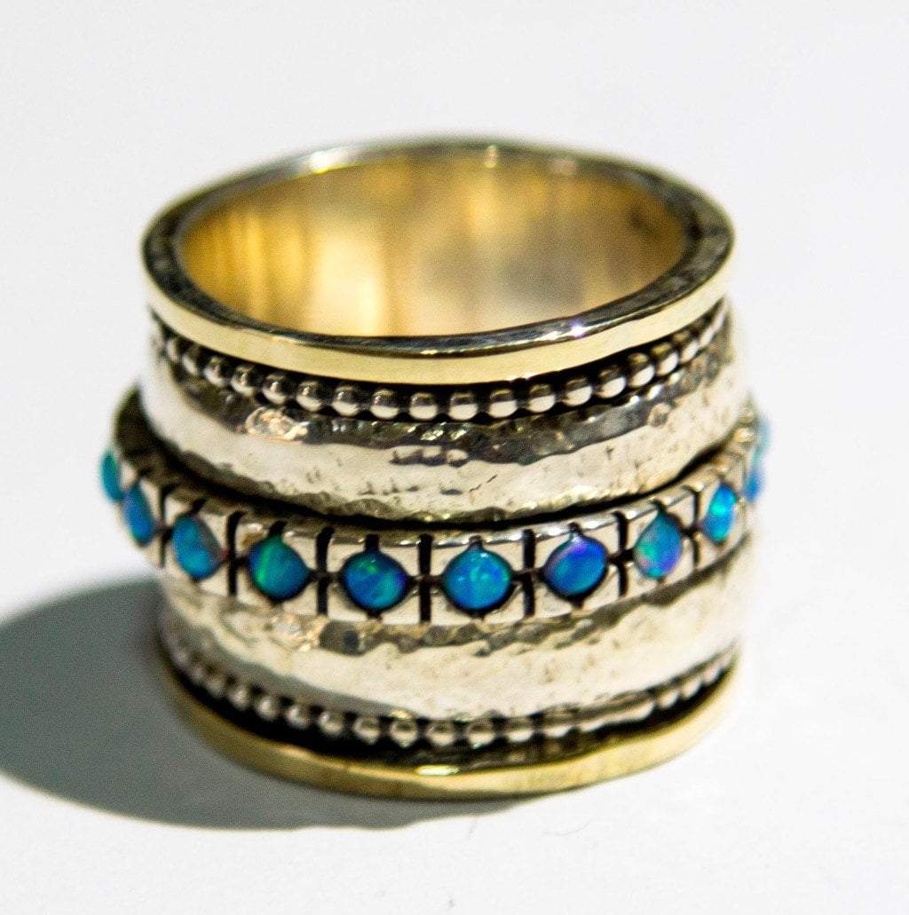 Spinner ring for woman, Valentine's Gift silver & 9K gold lab opals spinner rings for women - Bluenoemi