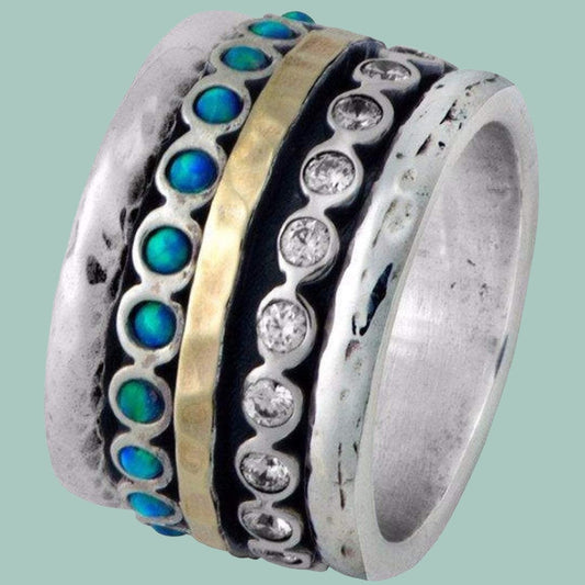 Spinner Ring Jewelry. Sterling Silver and Gold Ring Set Blue Opals - Bluenoemi