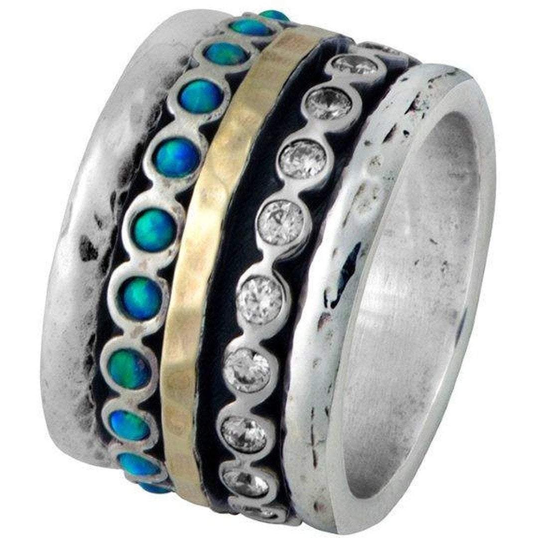 Spinner Ring Jewelry. Sterling Silver and Gold Ring Set Blue Opals - Bluenoemi