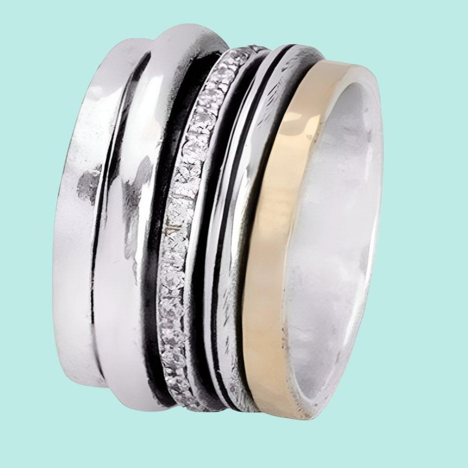 Spinner Ring set with zircons / silver gold 9ct / Two tones Metals Ring - Bluenoemi