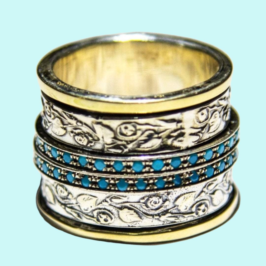 Israeli spinning rings Spinner ring , silver 9K gold lab opals - Bluenoemi