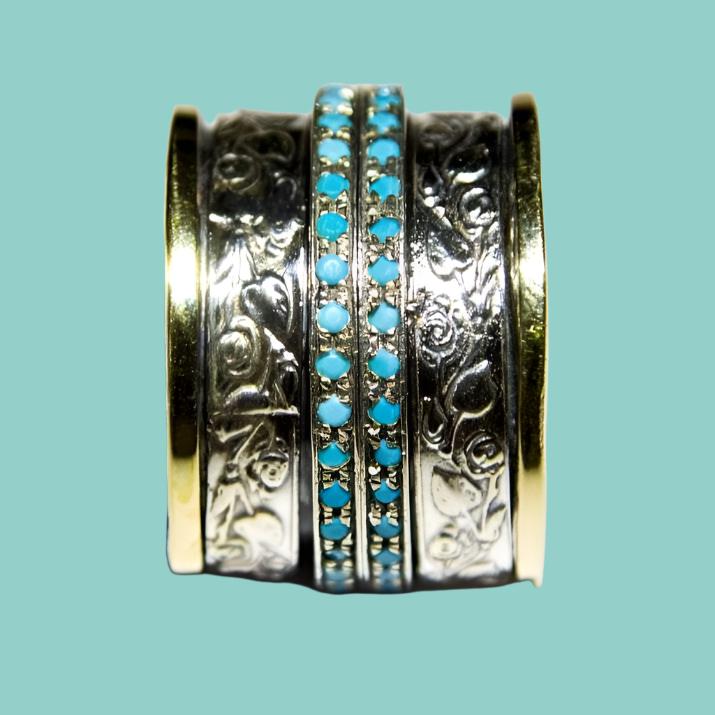 Israeli spinning rings Spinner ring , silver 9K gold lab opals - Bluenoemi