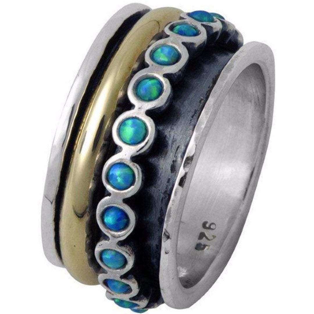 Spinner Rings for women Sterling Silver and Gold Ring Set Blue Opals. - Bluenoemi