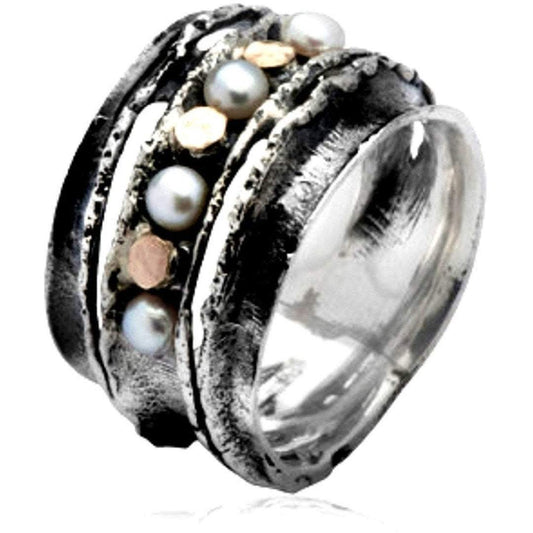 Spinner rings for women , Sterling Silver Ring. Statement ring and 9 ct gold set with Pearls. - Bluenoemi