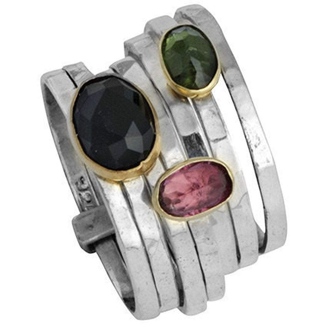 Stacking Rings for woman set with Tourmalines / silver gold 9ct Designer Jewelry/ Two Metals Ring - Bluenoemi