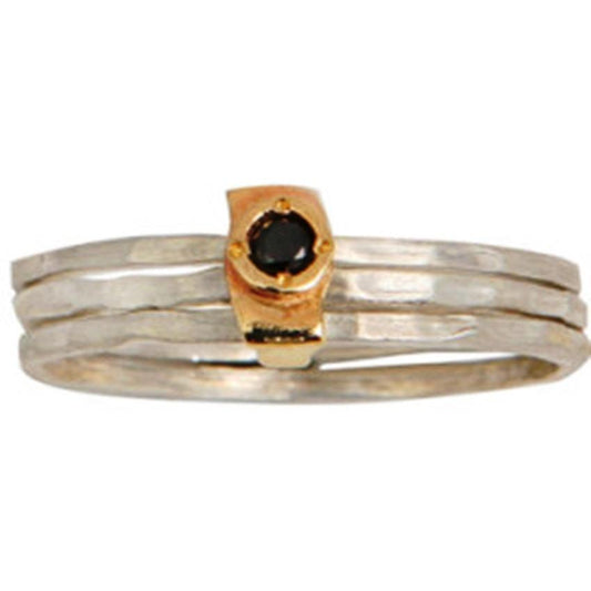 Stacking rings set, silver ring and 9K gold black diamonds rings distinctive jewelry - Bluenoemi