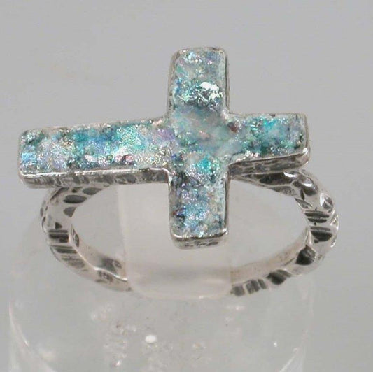 Sterling Silver Ring, Cross Ring set with Roman Glass - Bluenoemi