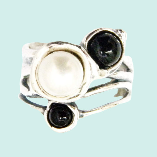 Bohemian Harmony: Sterling Silver Ring with Onyx and Pearls by Israeli Designer - Bluenoemi