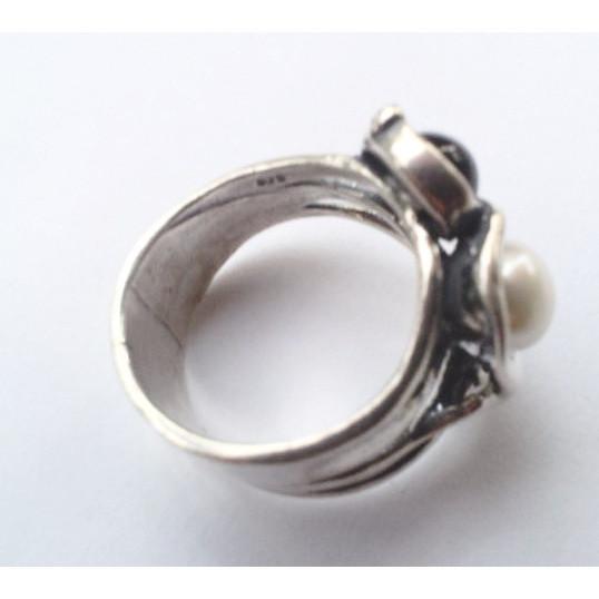 Bohemian Harmony: Sterling Silver Ring with Onyx and Pearls by Israeli Designer - Bluenoemi