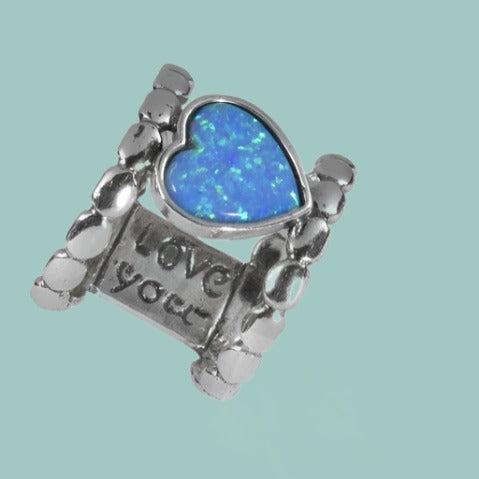 Bluenoemi Sterling silver ring for woman set with a blue opal heart. Love you message. - Bluenoemi