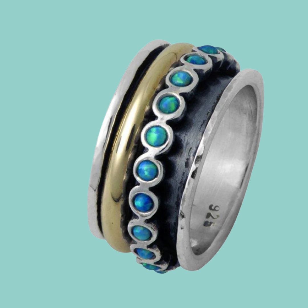 Spinner Ring for Woman - Unisex Fidget ring - Silver Gold Zircons / blue opals