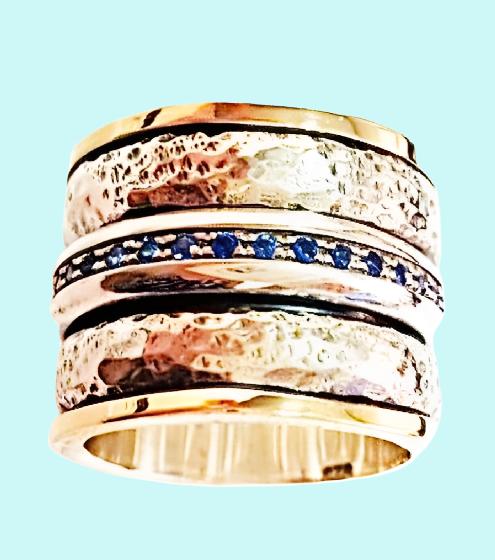 Israel Silver Gold Spinner ring, CZ zircons fidget ring for woman - Bluenoemi