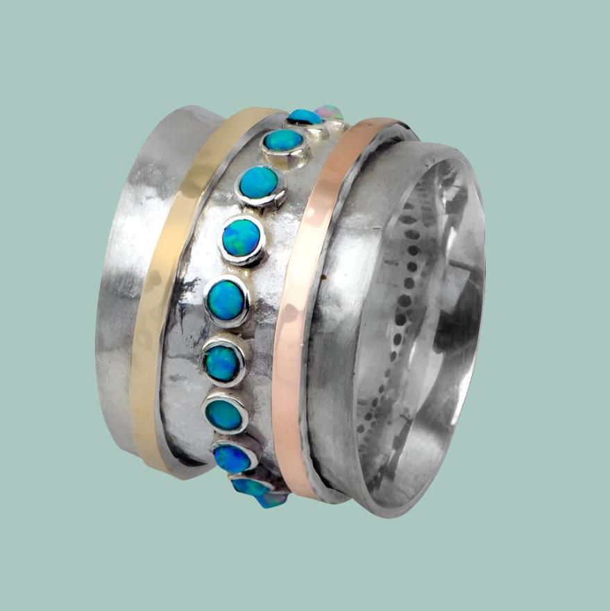 Bluenoemi Jewelry Spinner Ring for Woman Fidget ring set with blue lab opals - Bluenoemi