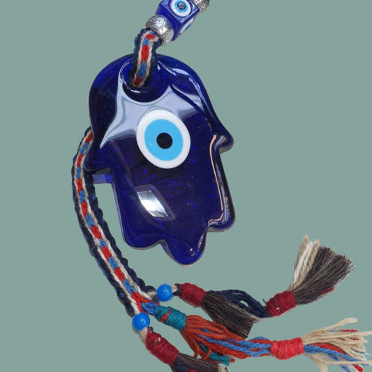 Glass Hamsa Souvenir Luck and Blue Eyes Symbols on a colourful rope. - Bluenoemi