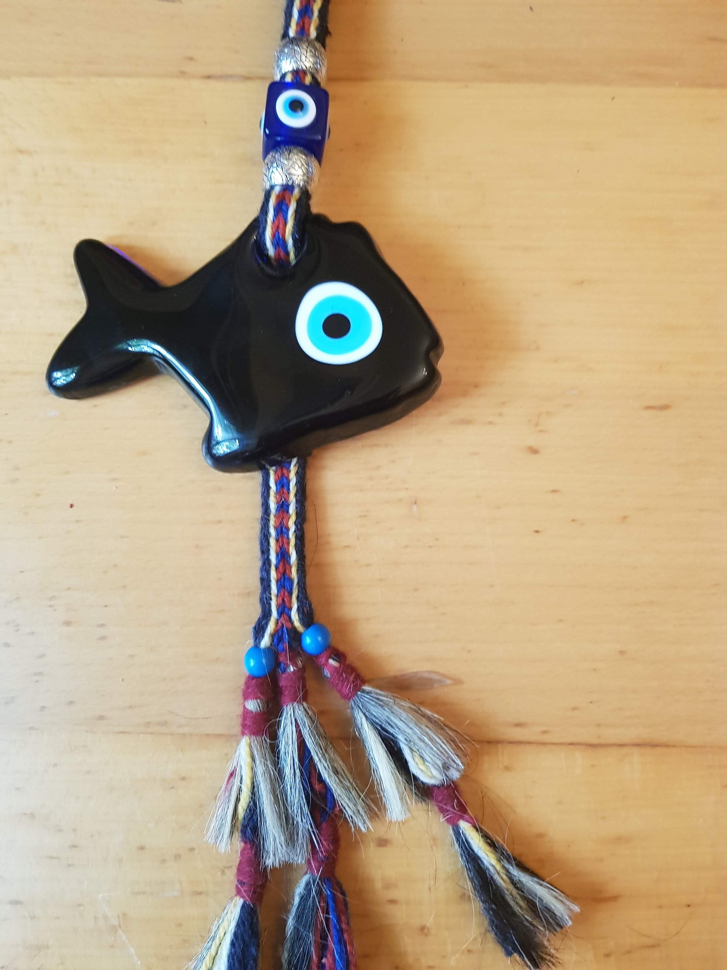 Glass Wall Hanging Fish Blue Eyes Symbols on a colourful rope. - Bluenoemi