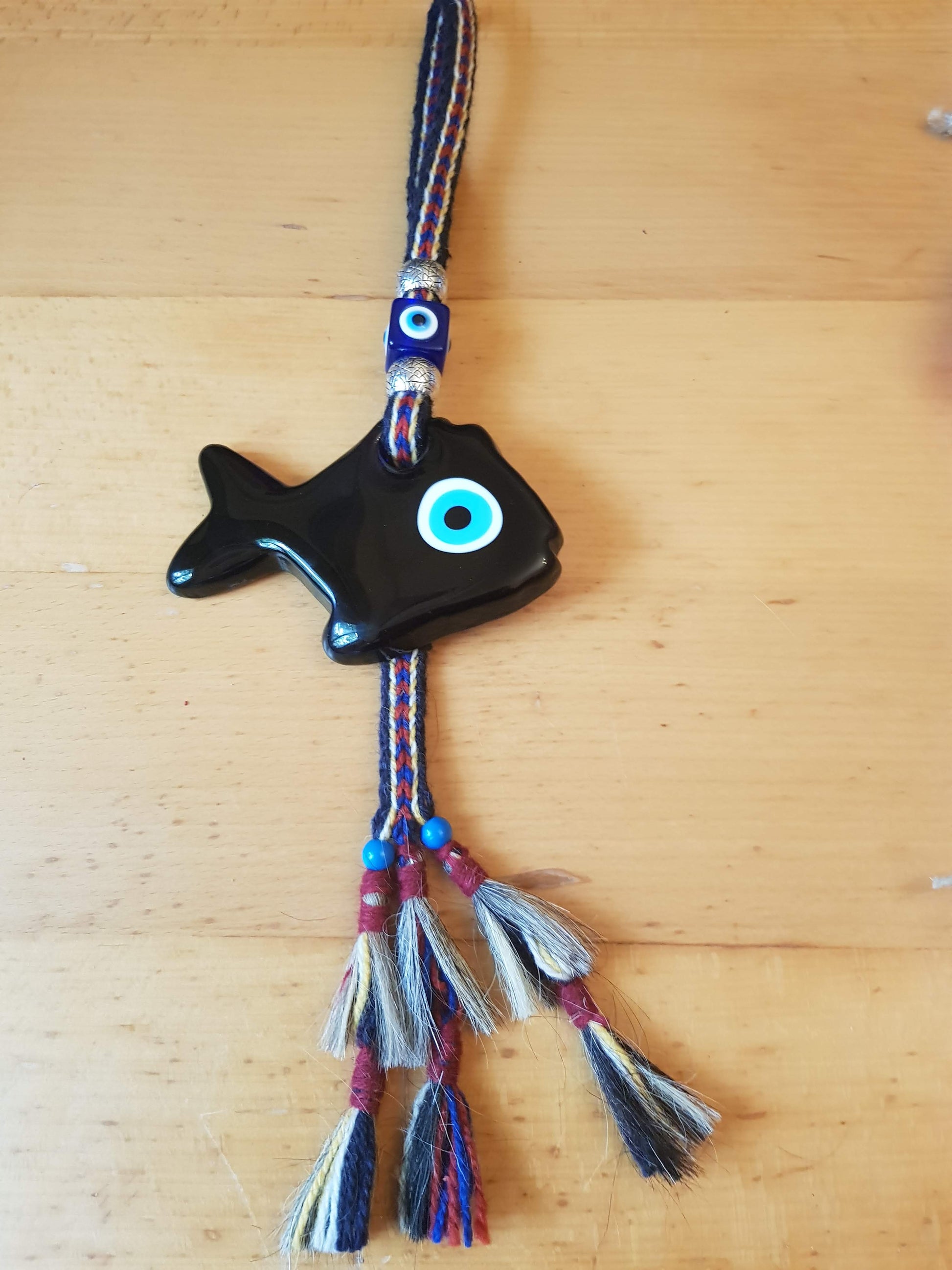 Glass Wall Hanging Fish Blue Eyes Symbols on a colourful rope. - Bluenoemi