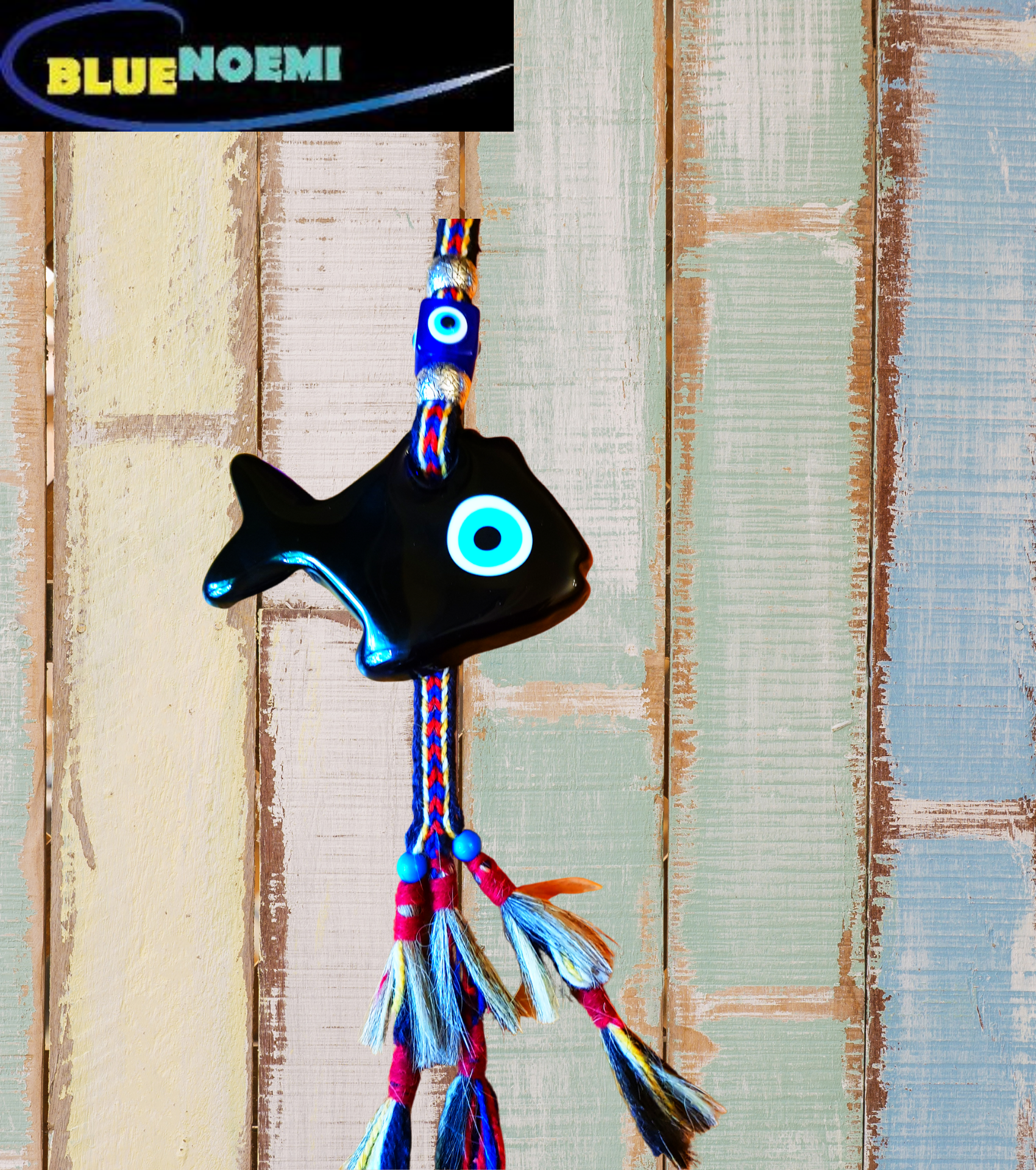 Glass Wall Hanging Fish Blue Eyes Symbols on a colourful rope. - Bluenoemi