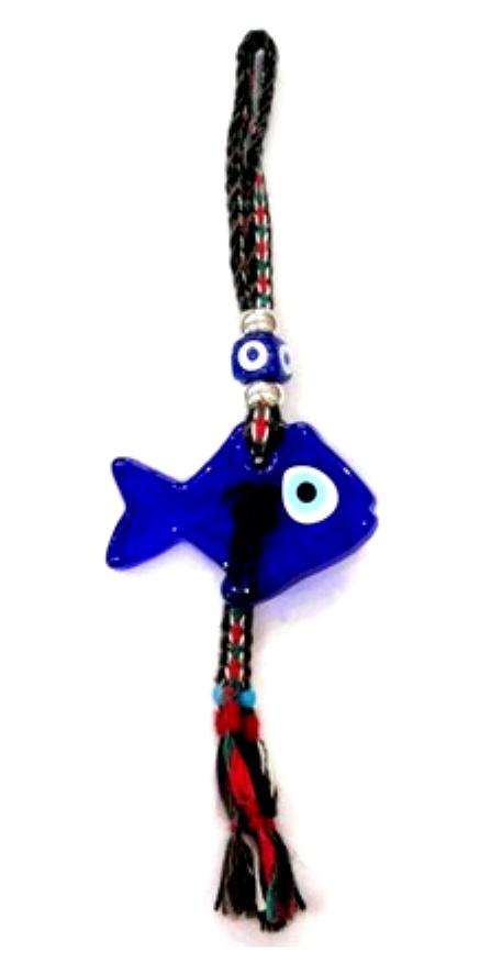 Glass Wall Hanging Fish Blue Eyes Symbols on a colourful rope. - Bluenoemi