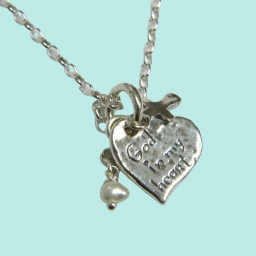 Sterling Silver necklace, heart & cross necklace, "God in my Heart" charms jewelry - Bluenoemi